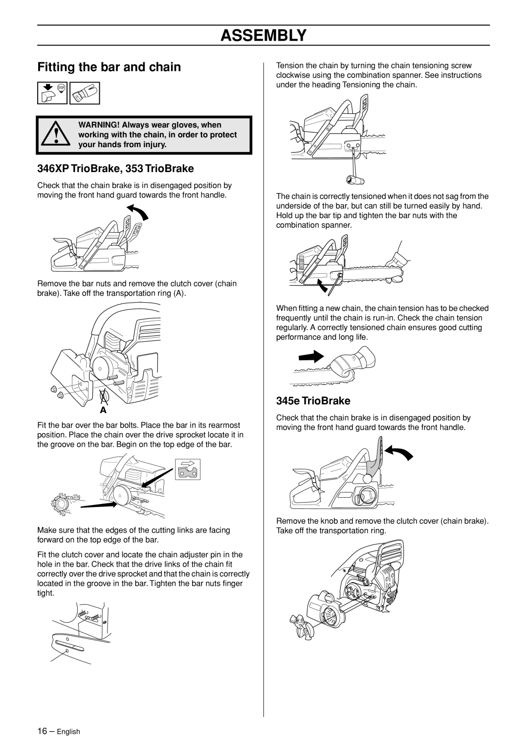 Husqvarna 345e EPA II, 346XP EPA I, 353 EPA II manual Assembly, Fitting the bar and chain, 346XP TrioBrake, 353 TrioBrake 