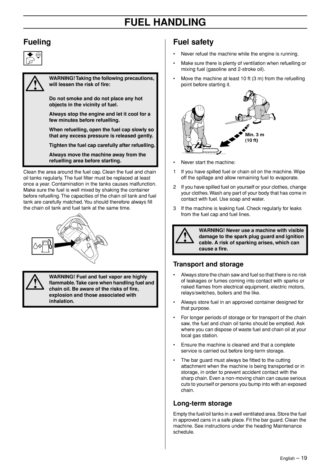 Husqvarna 345e EPA II, 346XP EPA I, 353 EPA II manual Fueling, Fuel safety, Transport and storage, Long-term storage 