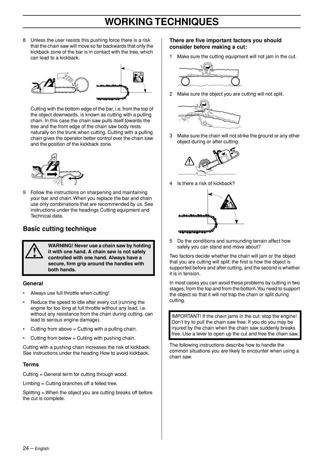 Husqvarna 345e EPA II, 346XP EPA I, 353 EPA II manual Basic cutting technique, General, Terms 