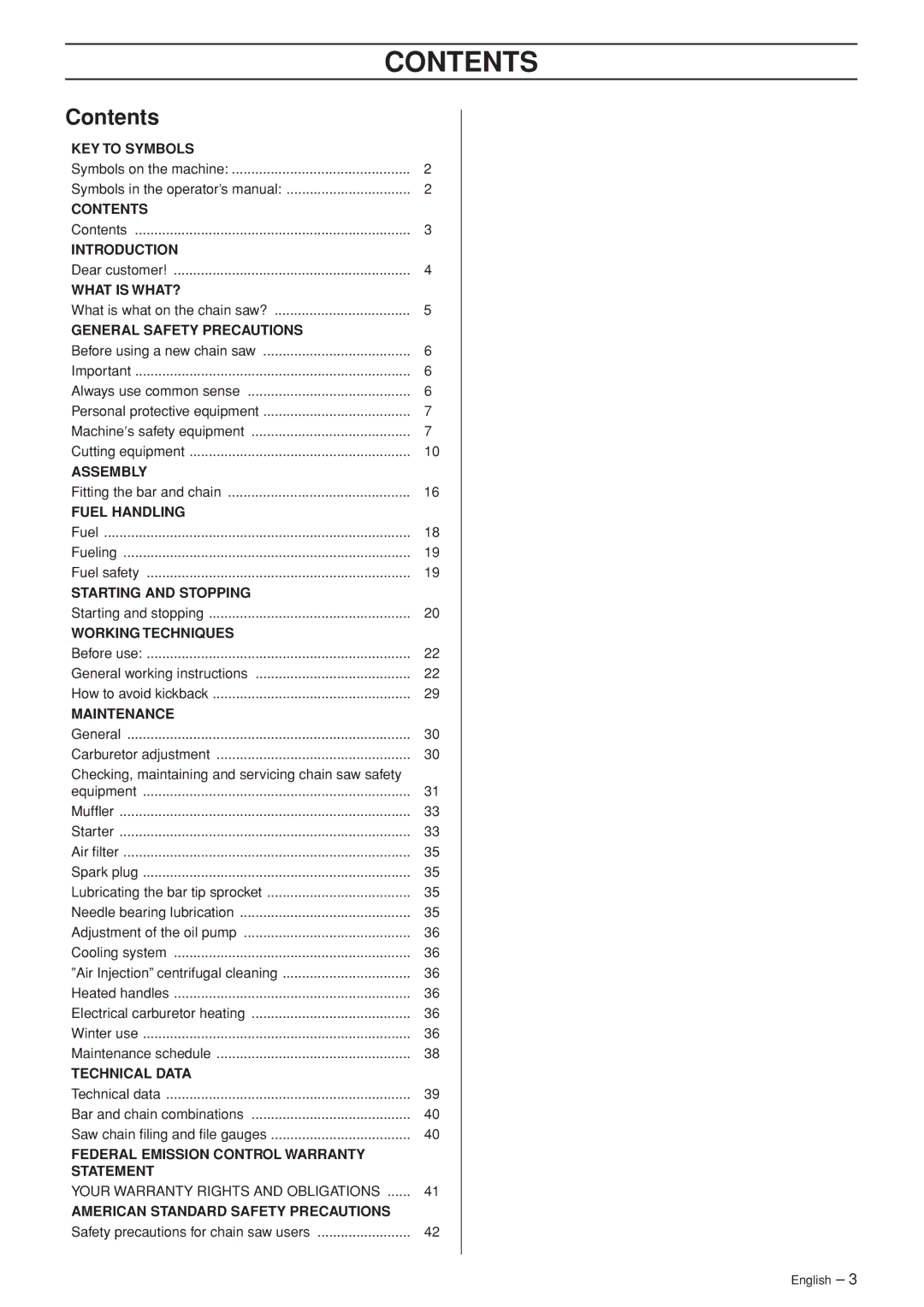 Husqvarna 345e EPA II, 346XP EPA I, 353 EPA II manual Contents 