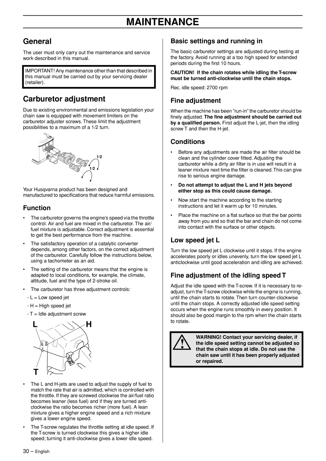 Husqvarna 345e EPA II, 346XP EPA I, 353 EPA II manual Maintenance, General, Carburetor adjustment 