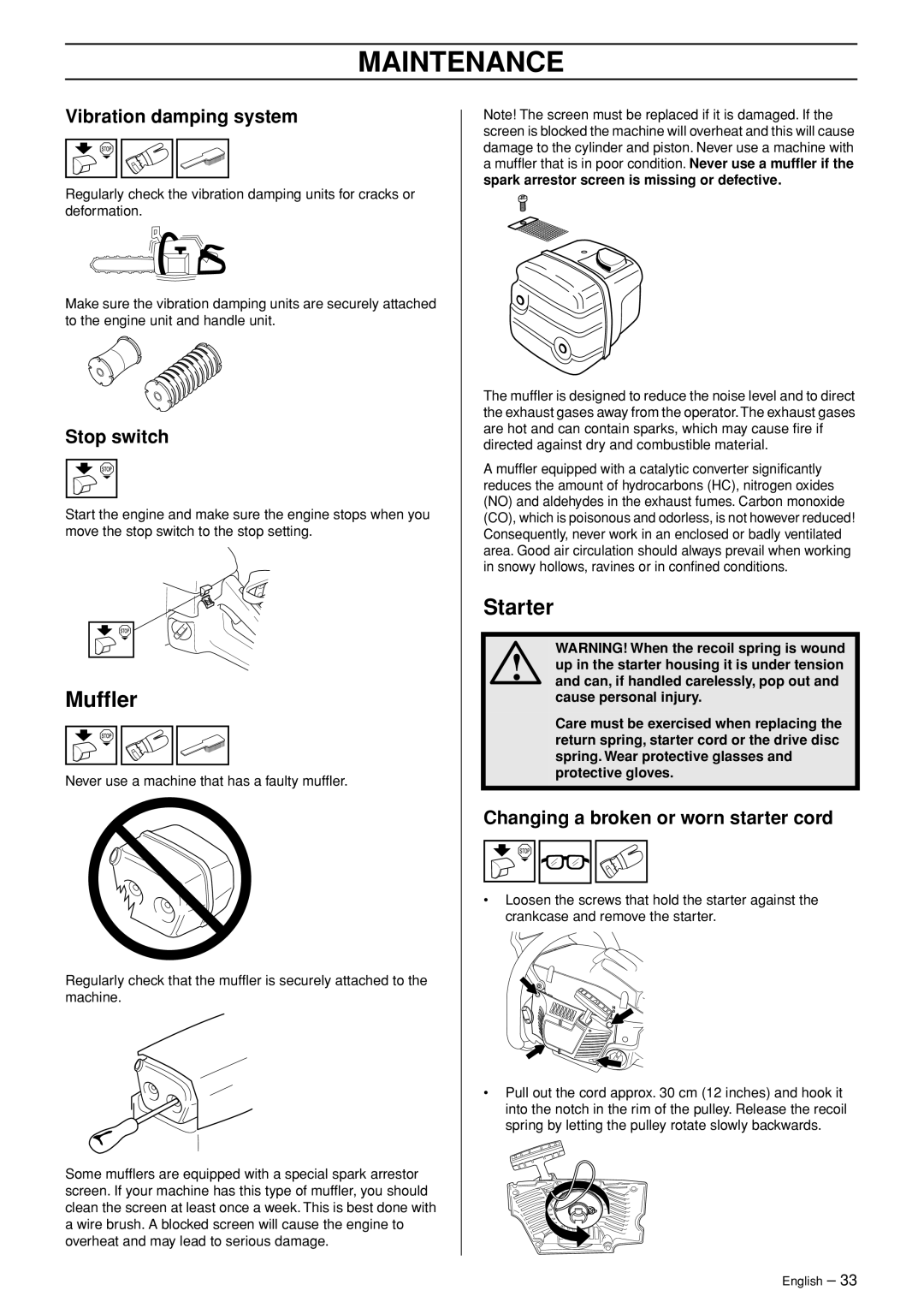 Husqvarna 345e EPA II, 346XP EPA I, 353 EPA II manual Mufﬂer, Starter, Changing a broken or worn starter cord 