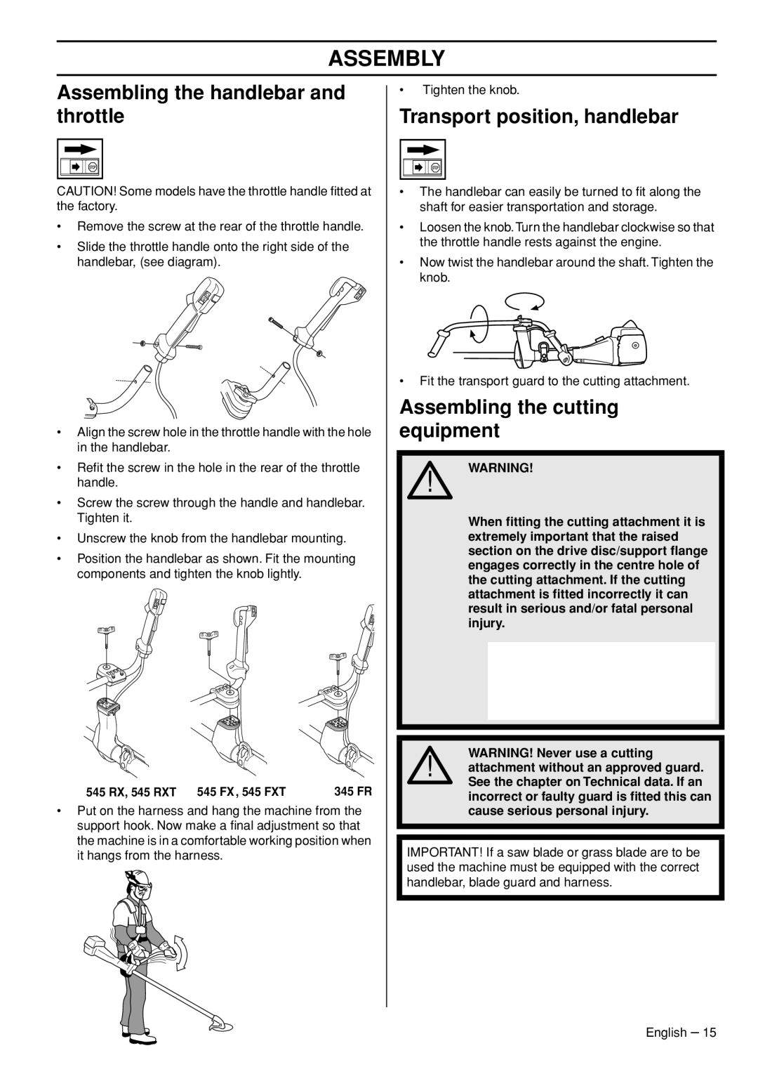 Husqvarna 345FR, 545FXT, 545RXT manual Assembly, Assembling the handlebar and throttle, Transport position, handlebar 