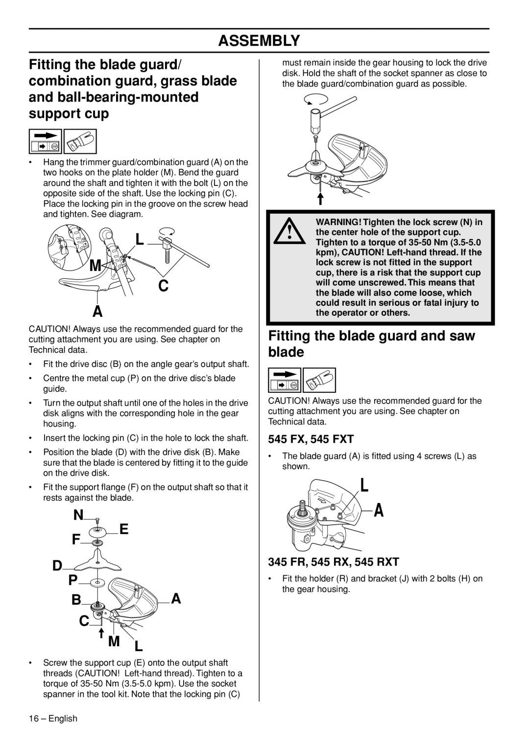 Husqvarna 345FR, 545FXT, 545RXT manual Fitting the blade guard and saw blade, 545 FX, 545 FXT, 345 FR, 545 RX, 545 RXT 