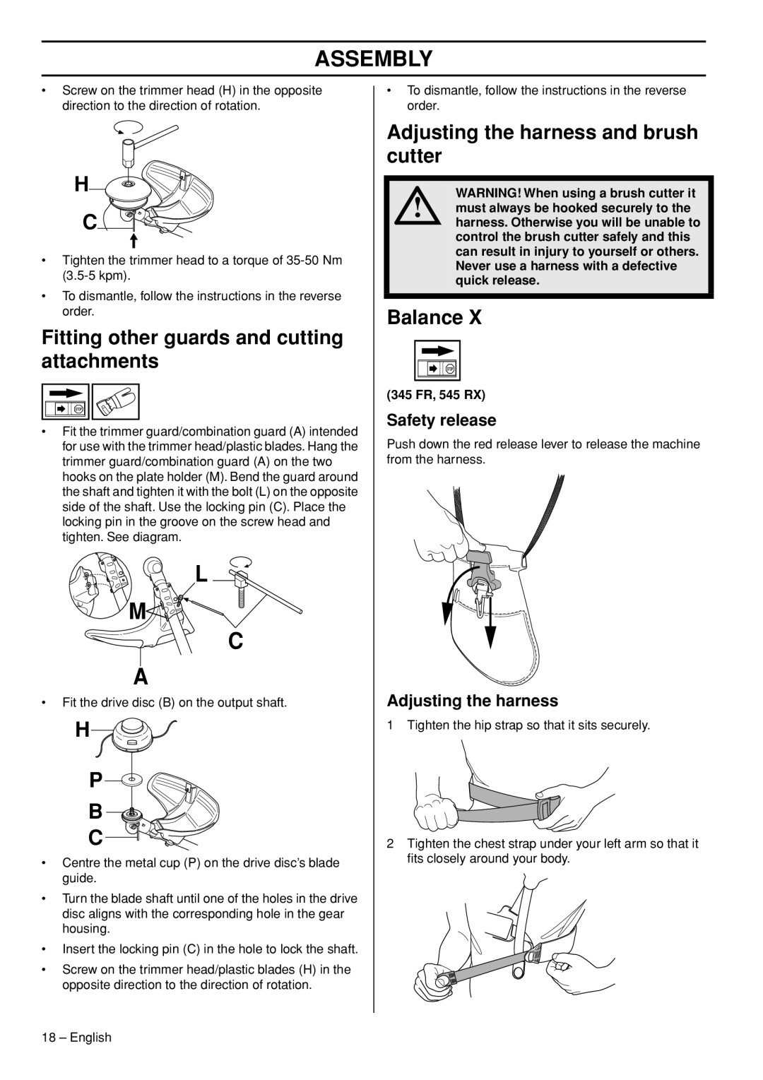Husqvarna 545FX, 345FR, 545RX Fitting other guards and cutting attachments, Adjusting the harness and brush cutter, Balance 