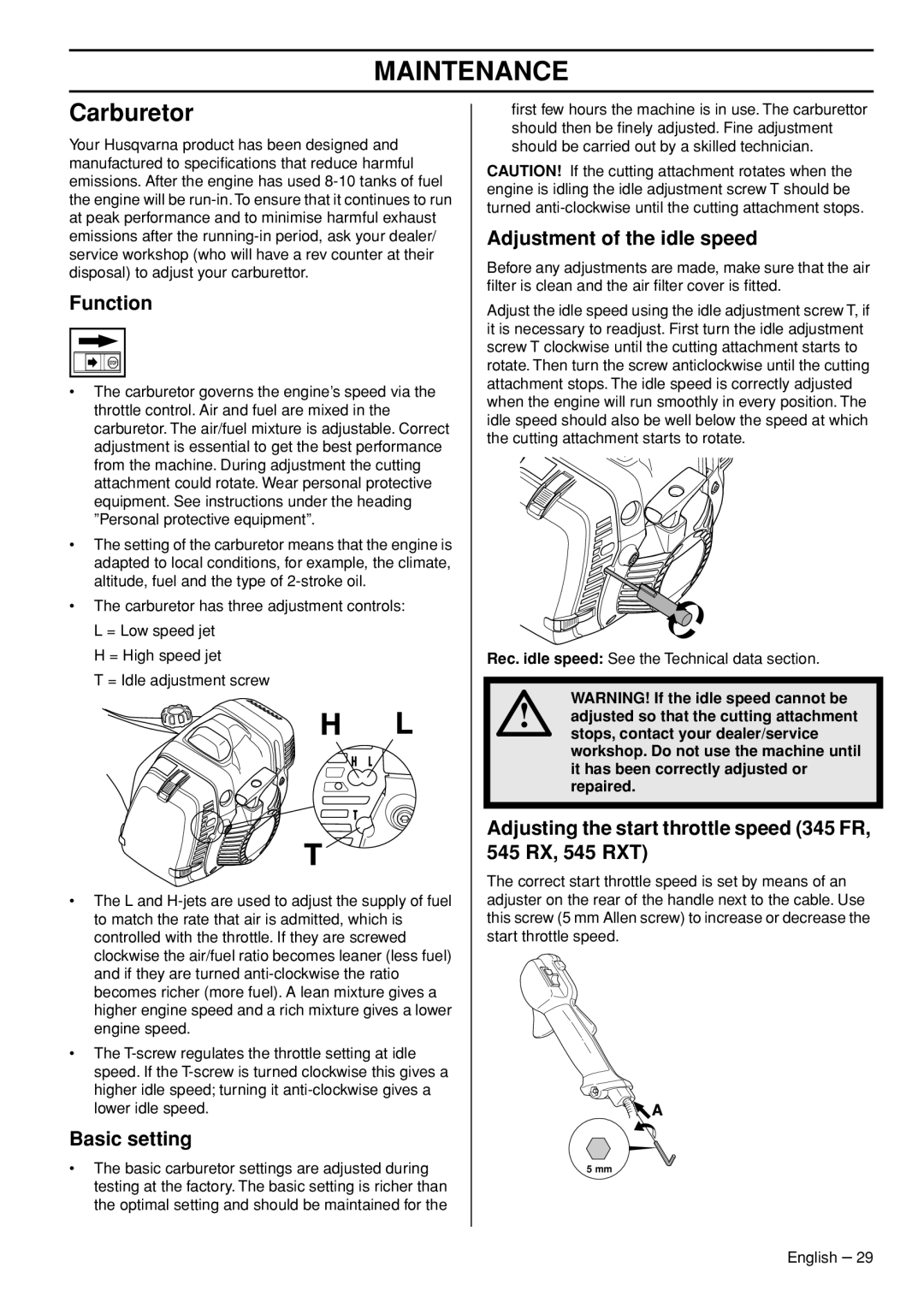 Husqvarna 545RXT, 345FR, 545FXT manual Maintenance, Carburetor 