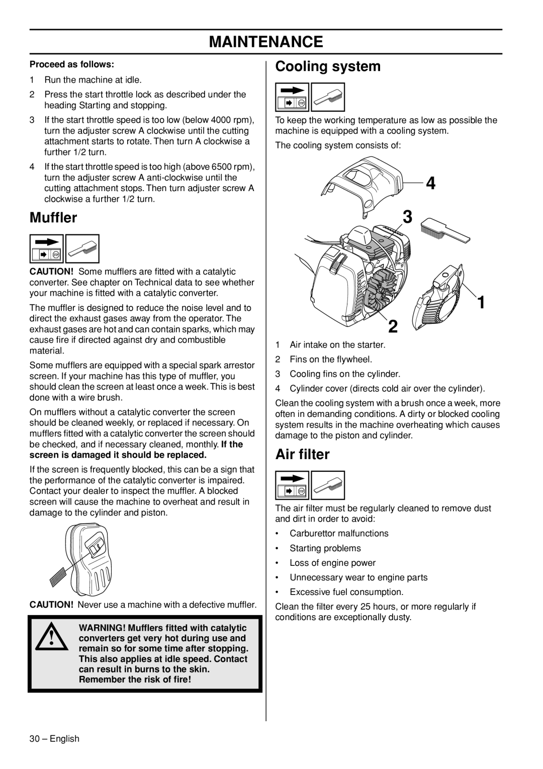 Husqvarna 345FR, 545RX manual Mufﬂer, Cooling system, Air ﬁlter, Proceed as follows, Screen is damaged it should be replaced 