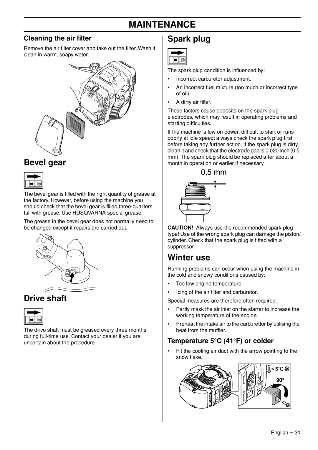 Husqvarna 345FR, 545FXT, 545RXT manual Bevel gear, Drive shaft, Spark plug, Winter use 