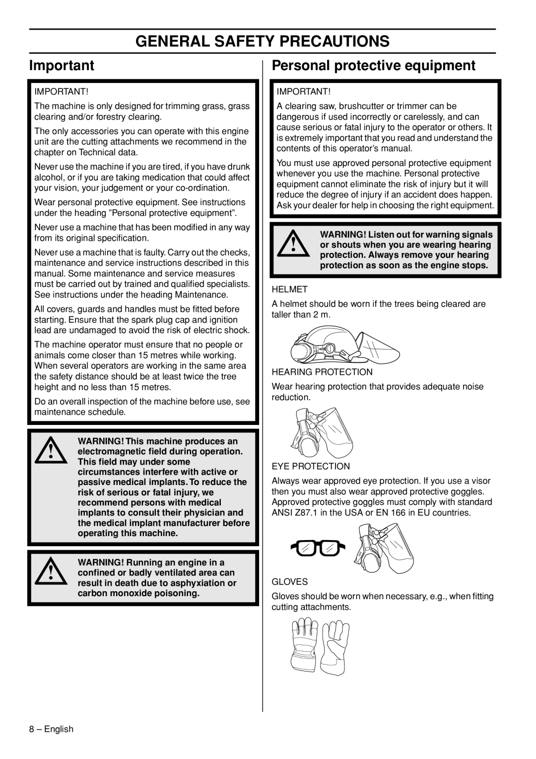 Husqvarna 345FR, 545FXT, 545RXT manual General Safety Precautions, Personal protective equipment 