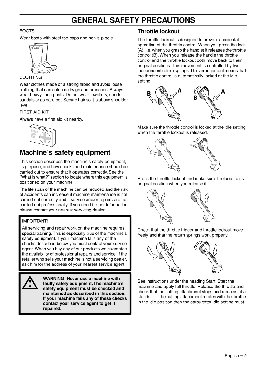 Husqvarna 545RXT, 345FR, 545FXT manual Machine′s safety equipment, Throttle lockout 