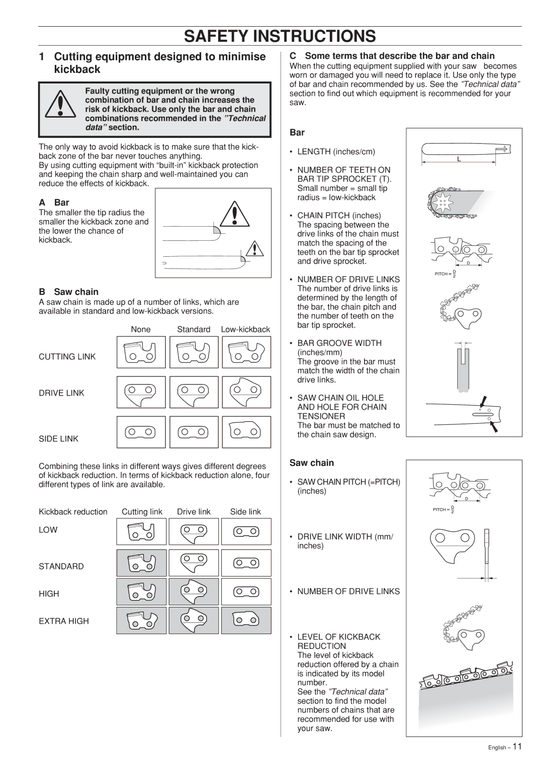 Husqvarna 346XP 351 manual Cutting equipment designed to minimise kickback, Bar, Saw chain 