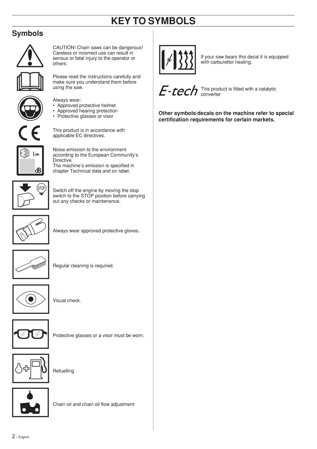 Husqvarna 346XP 351 manual KEY to Symbols 