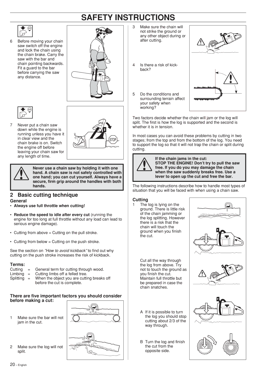 Husqvarna 346XP 351 manual Basic cutting technique, General, Terms, Cutting 