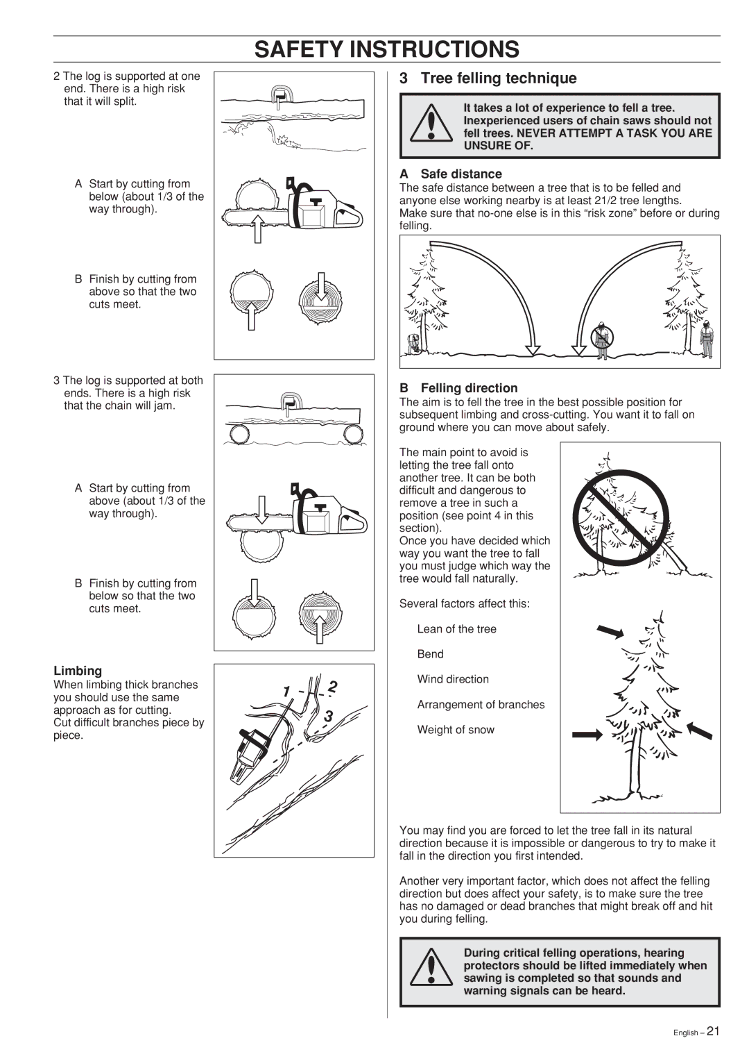 Husqvarna 346XP 351 manual Tree felling technique, Safe distance, Limbing, Felling direction 