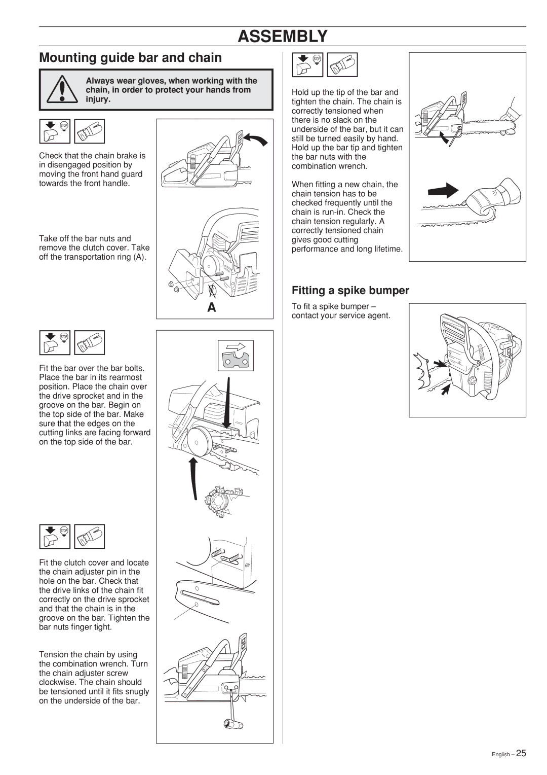 Husqvarna 346XP 351 manual Assembly, Mounting guide bar and chain, Fitting a spike bumper 