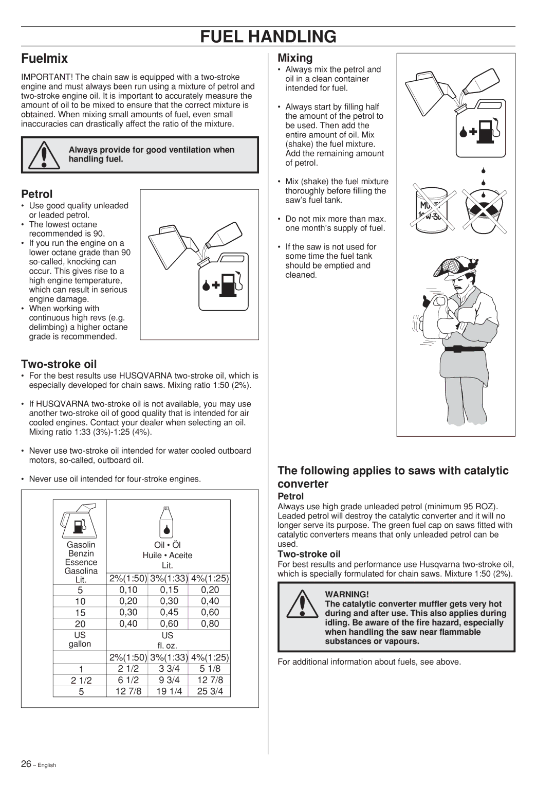 Husqvarna 346XP 351 manual Fuel Handling, Fuelmix 