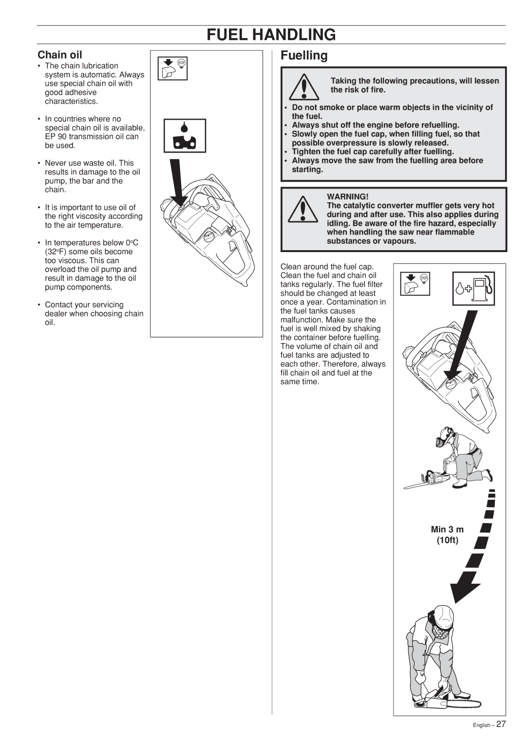 Husqvarna 346XP 351 manual Fuelling, Chain oil, Min 3 m, 10ft 