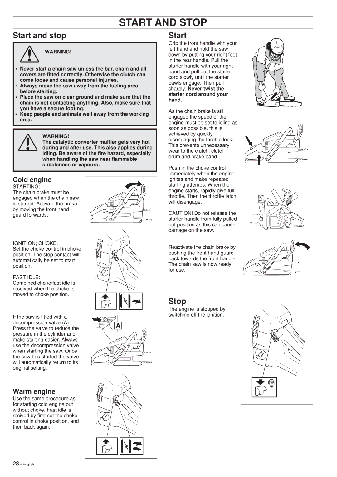 Husqvarna 346XP 351 manual Start and Stop, Start and stop 