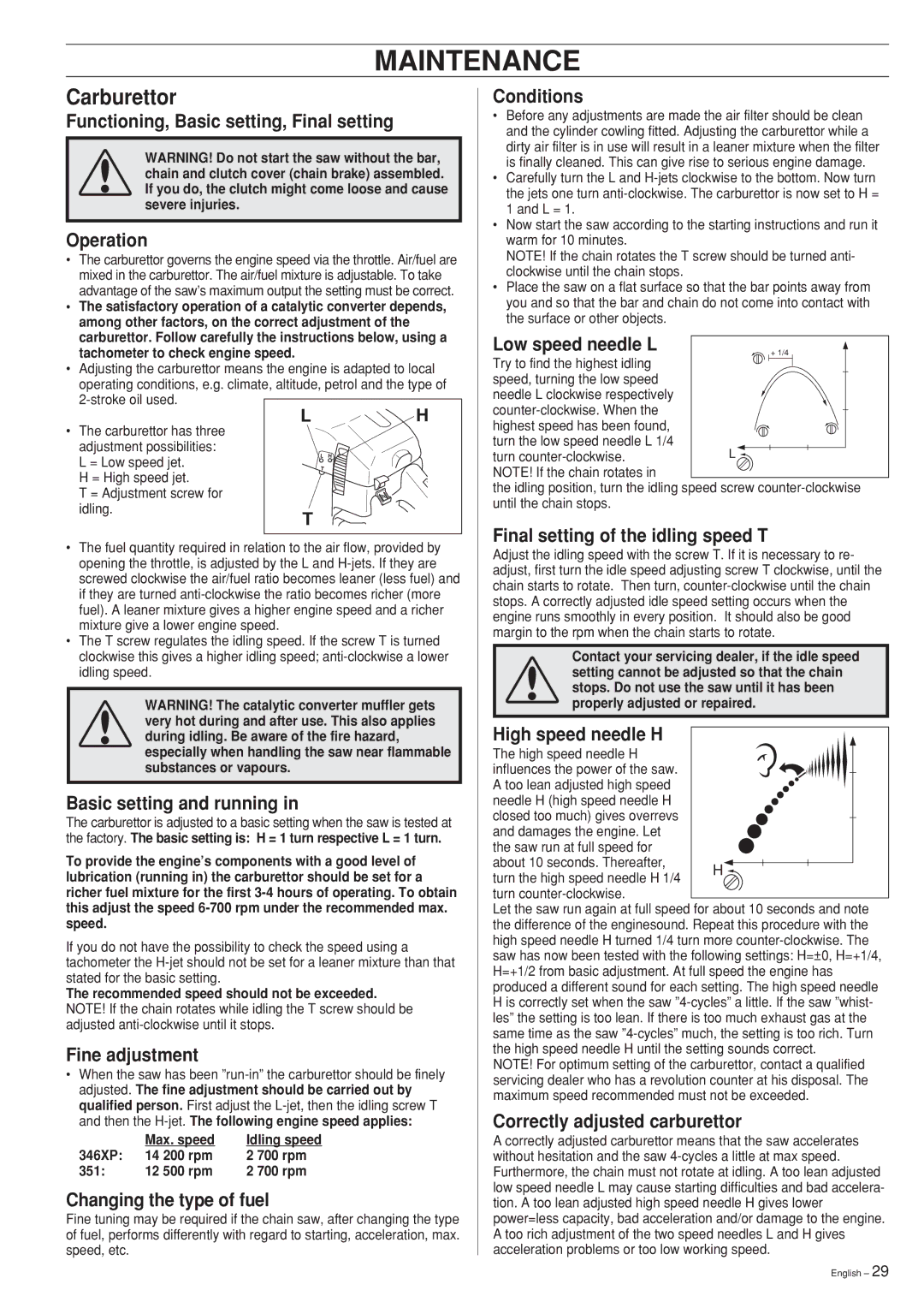 Husqvarna 346XP 351 manual Maintenance, Carburettor 