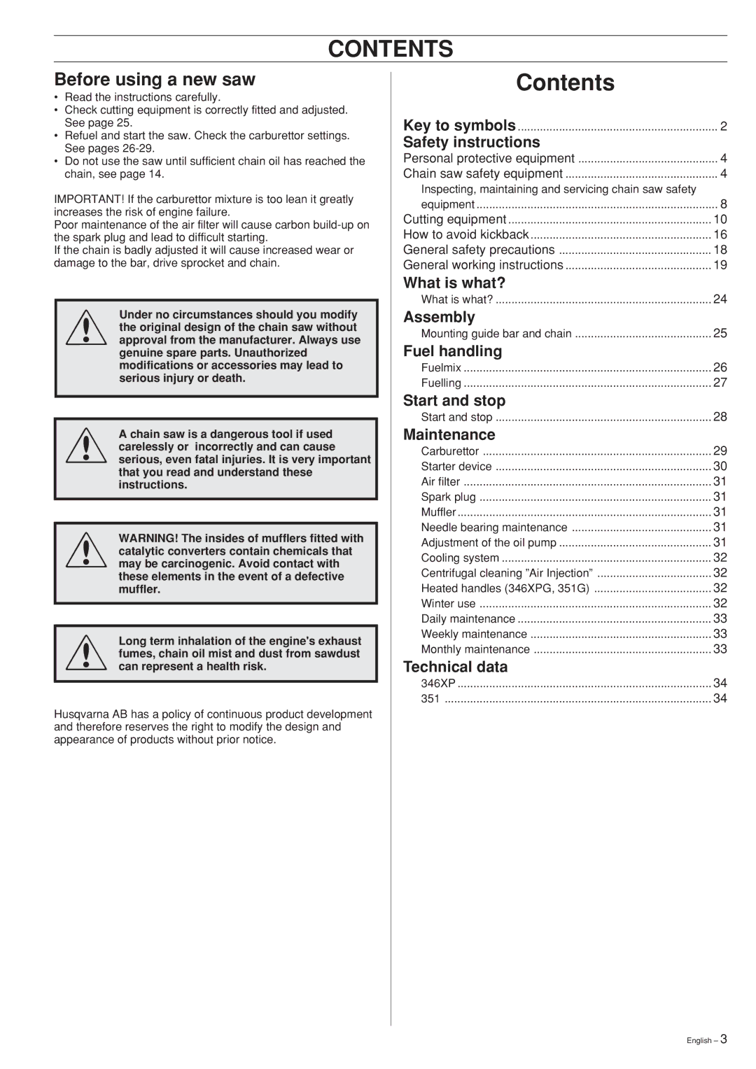 Husqvarna 346XP 351 manual Contents 