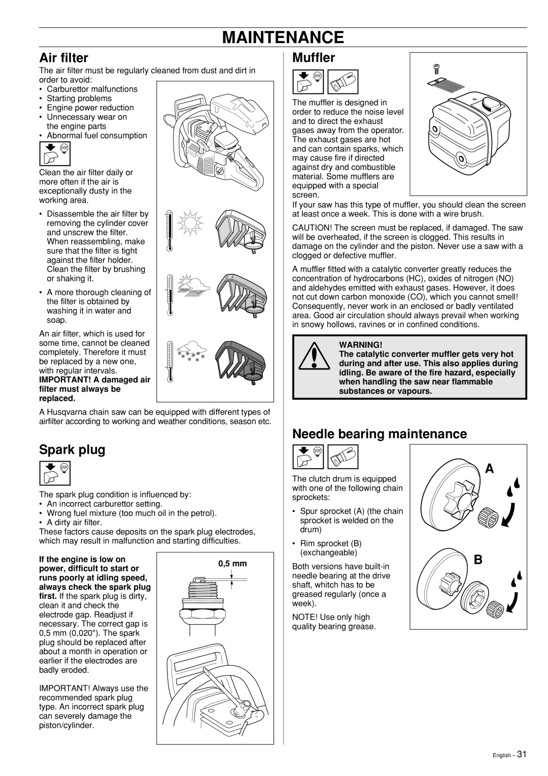 Husqvarna 346XP 351 manual Air filter, Muffler, Needle bearing maintenance Spark plug 