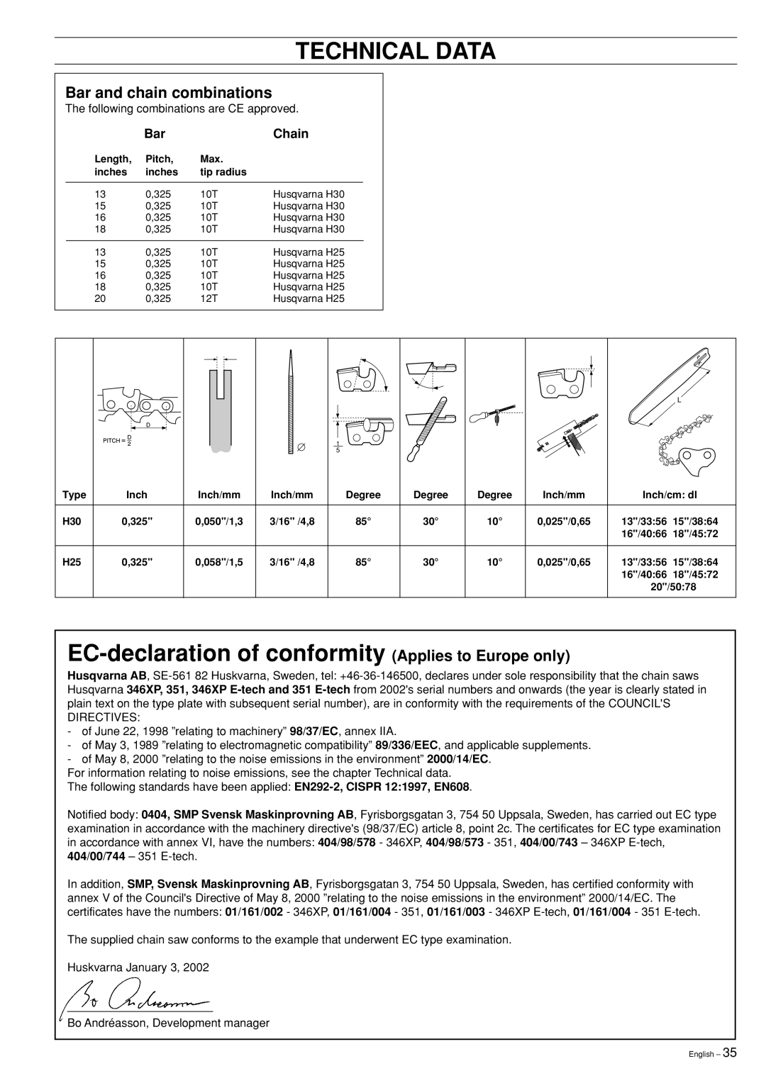 Husqvarna 346XP 351 manual Bar and chain combinations, Bar Chain 