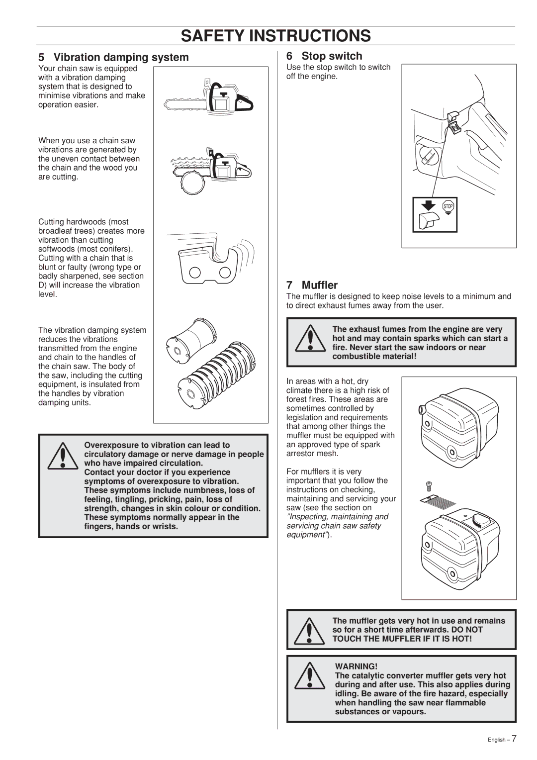 Husqvarna 346XP 351 manual Vibration damping system, Stop switch, Muffler 