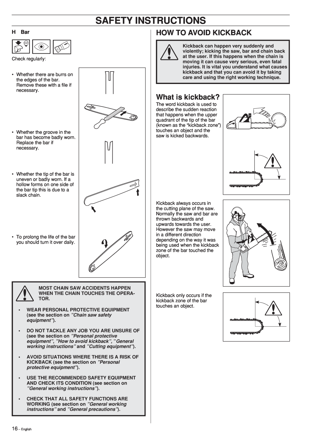 Husqvarna 346XP 351 manual How To Avoid Kickback, What is kickback?, Safety Instructions, H Bar 