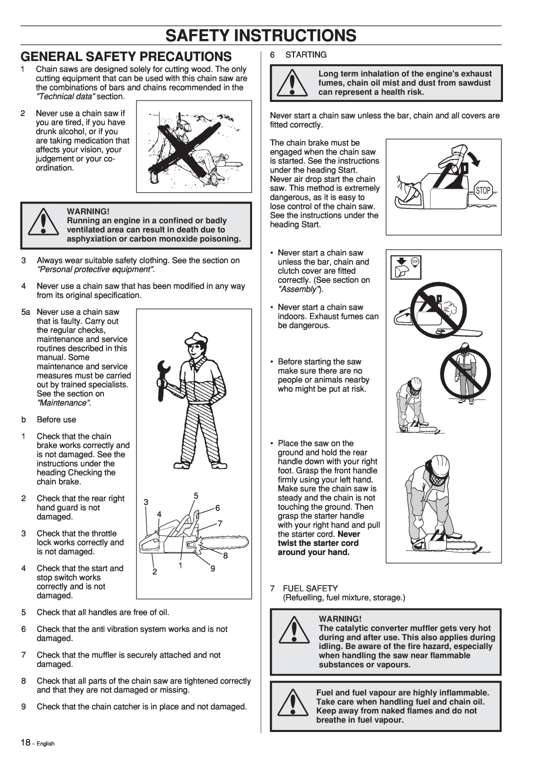 Husqvarna 346XP 351 manual General Safety Precautions, Safety Instructions 