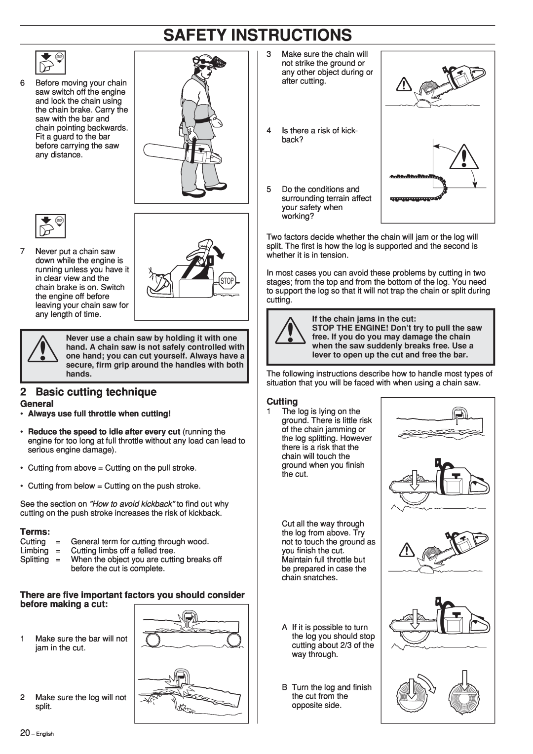 Husqvarna 346XP 351 manual Safety Instructions, Basic cutting technique, General, Terms, Cutting 
