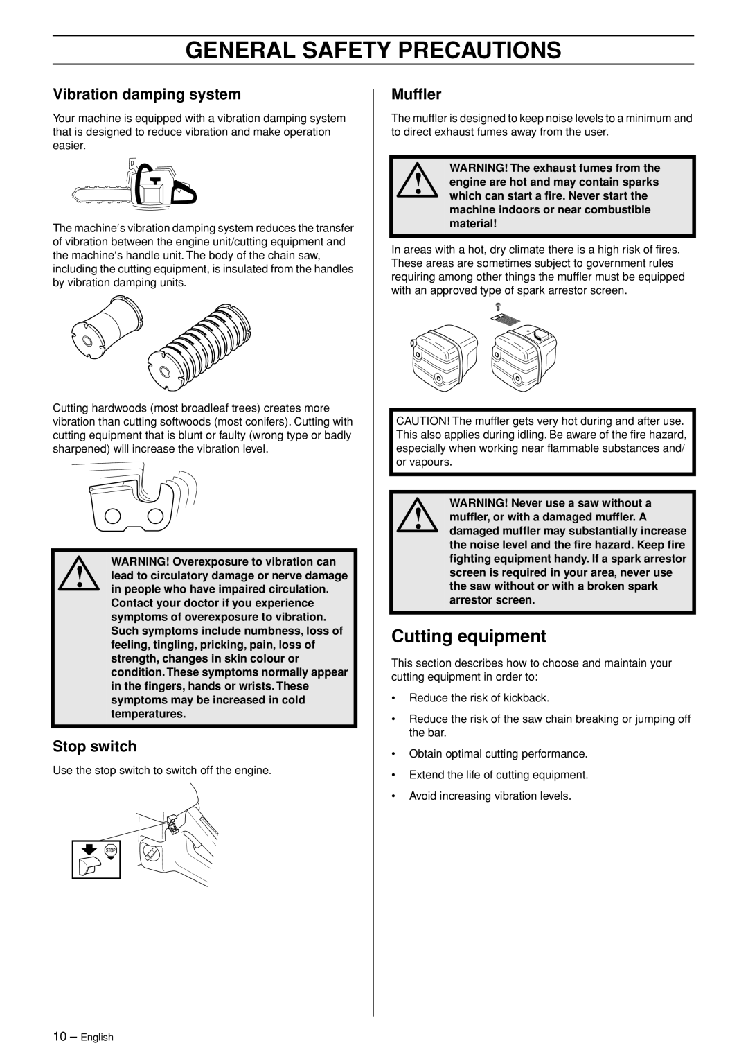 Husqvarna 346XP EPA II manual Cutting equipment, Vibration damping system, Stop switch, Mufﬂer 