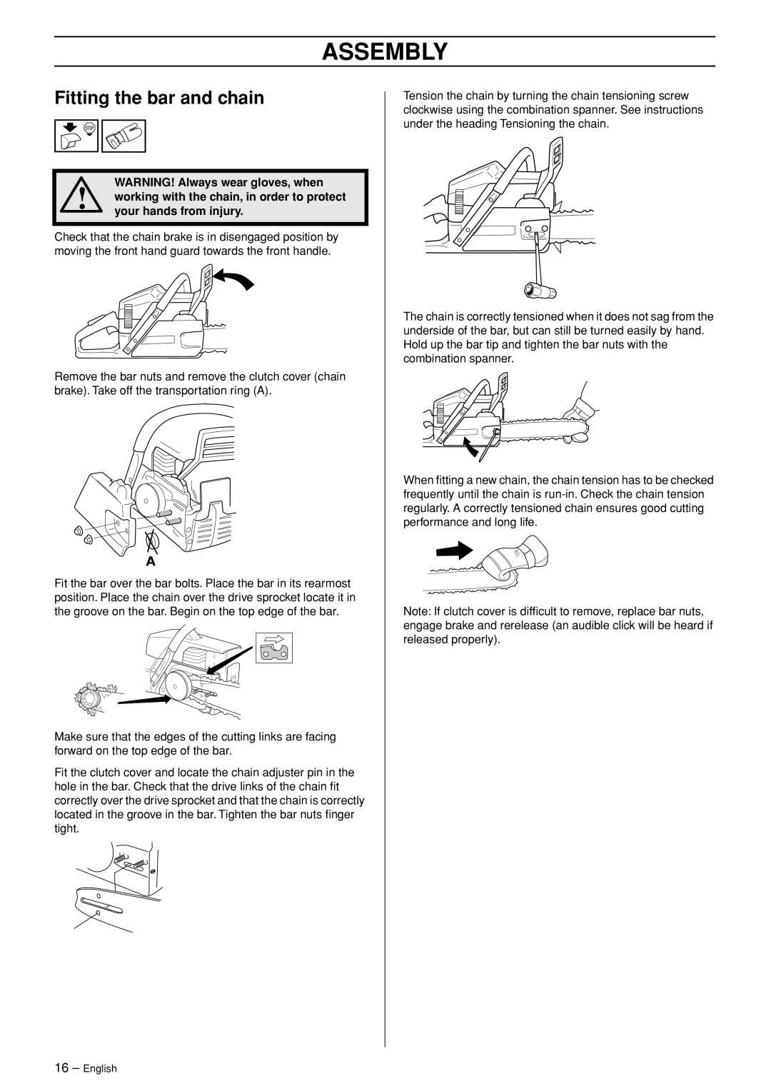 Husqvarna 346XP EPA II manual Assembly, Fitting the bar and chain 