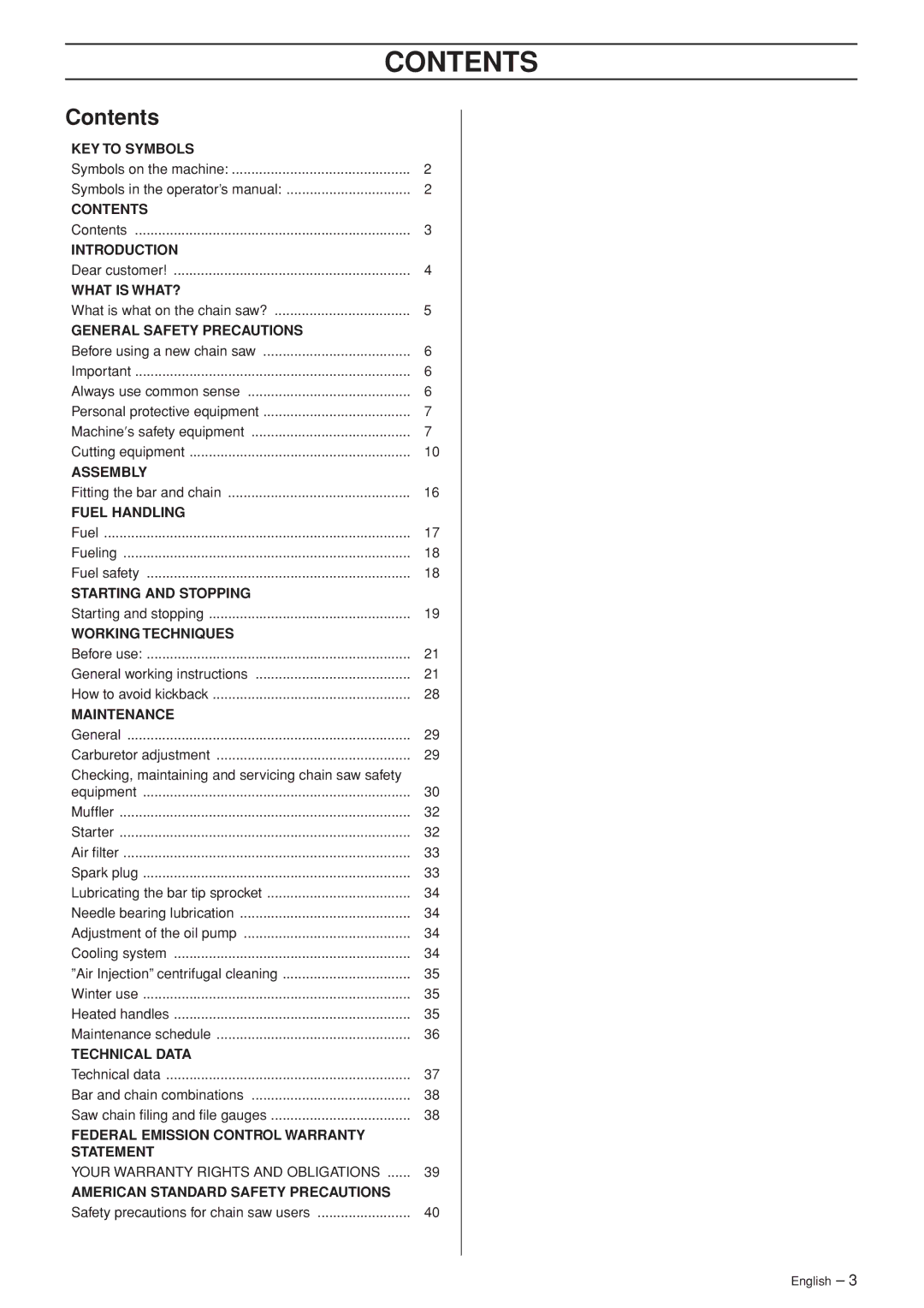 Husqvarna 346XP EPA II manual Contents 