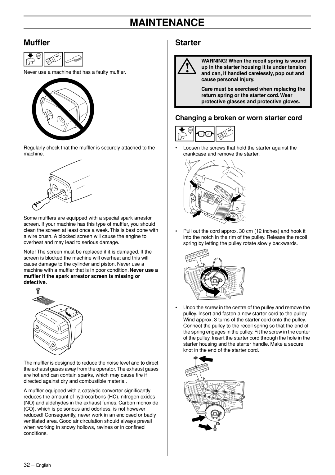 Husqvarna 346XP EPA II manual Mufﬂer, Starter, Changing a broken or worn starter cord 