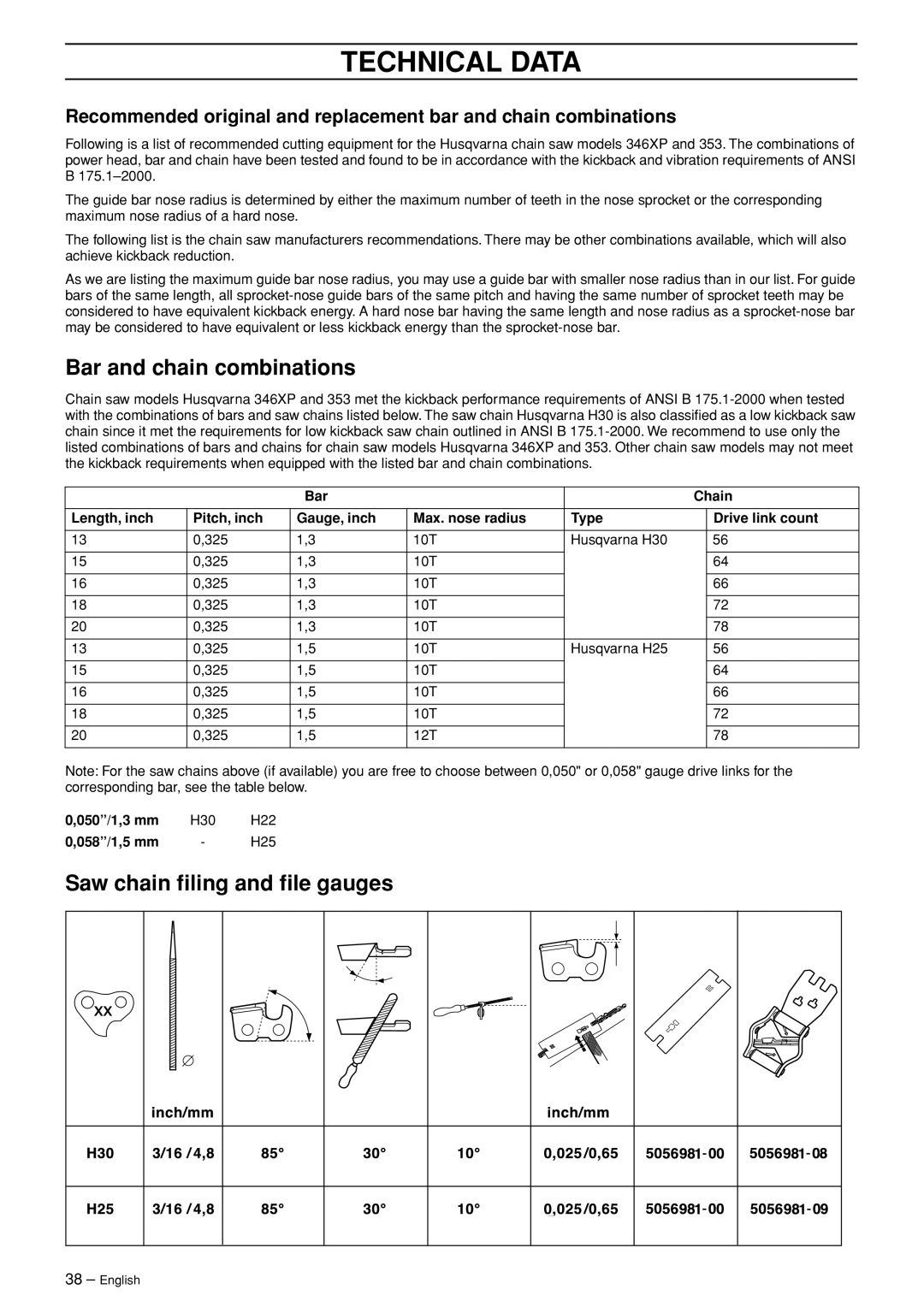 Husqvarna 346XP EPA II manual Bar and chain combinations, Saw chain ﬁling and ﬁle gauges, 050/1,3 mm, 058/1,5 mm 