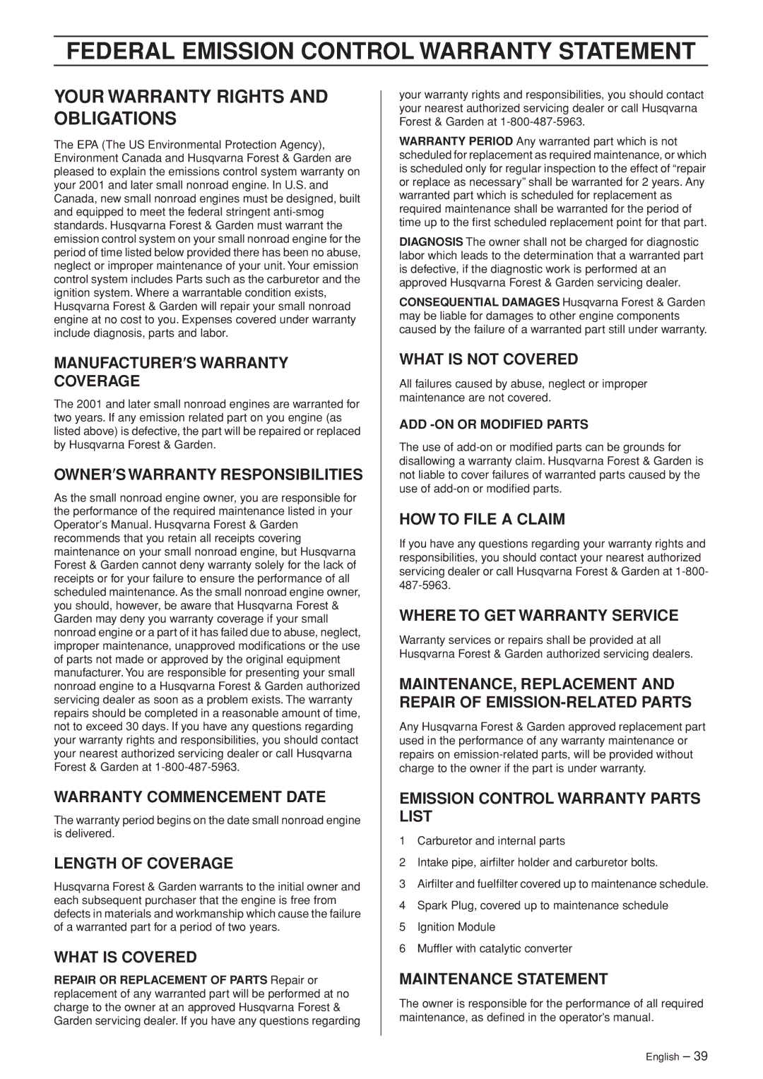 Husqvarna 346XP EPA II manual Federal Emission Control Warranty Statement, Your Warranty Rights and Obligations 