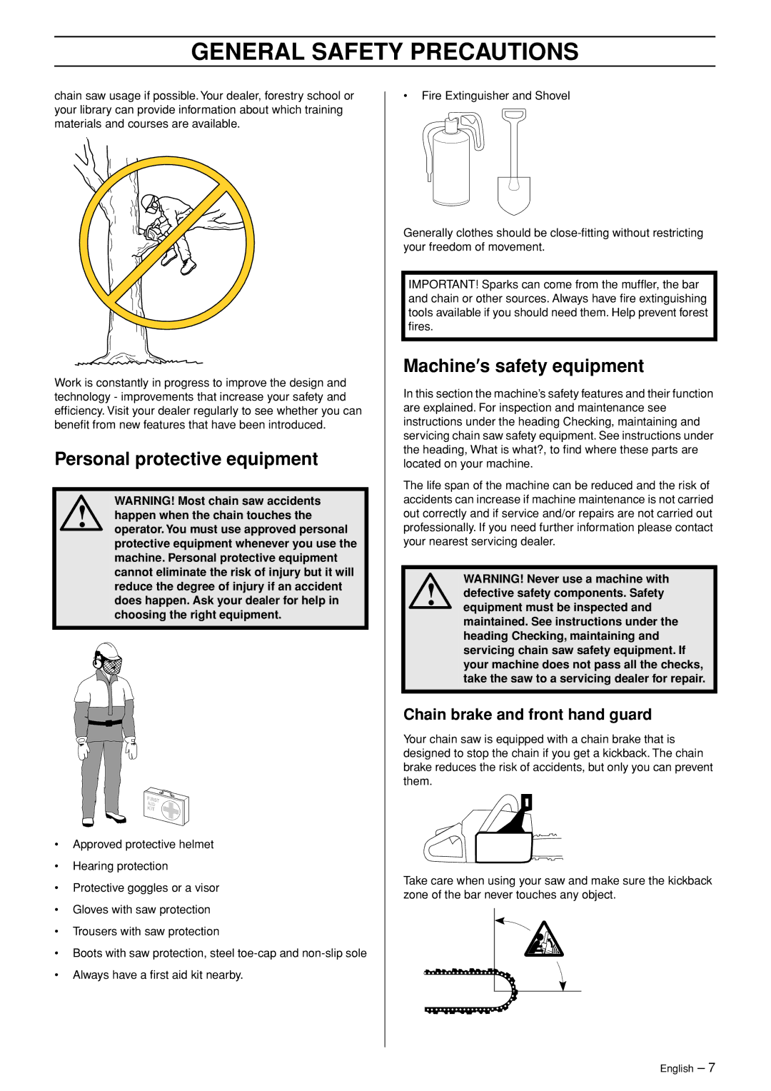 Husqvarna 346XP EPA II manual Personal protective equipment, Machine′s safety equipment, Chain brake and front hand guard 