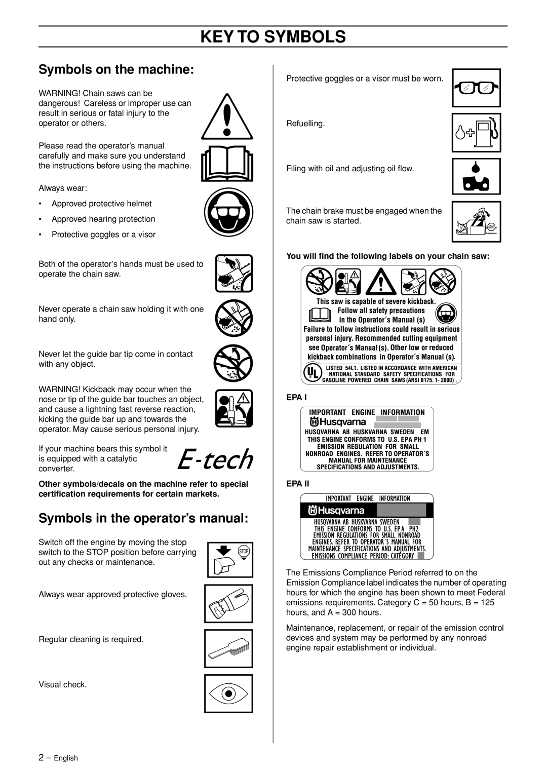 Husqvarna 346XP EPA II Key To Symbols, Symbols on the machine, Symbols in the operator’s manual 