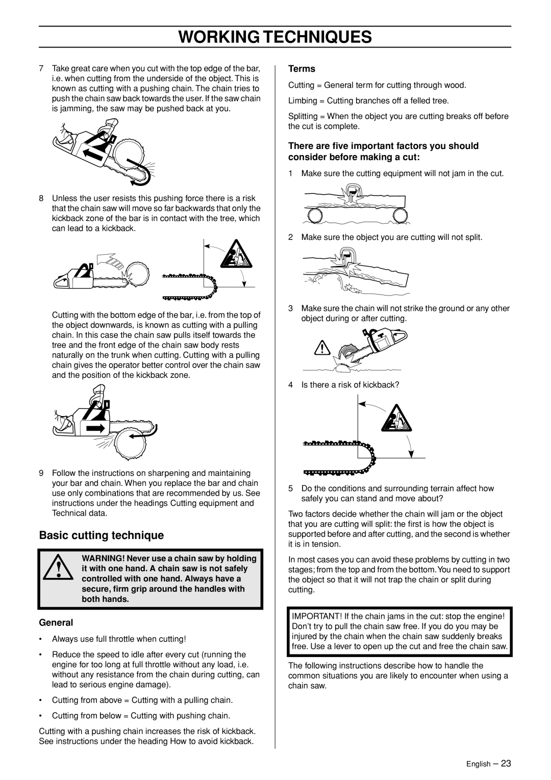 Husqvarna 346XP EPA II manual Basic cutting technique, General, Terms, Working Techniques 