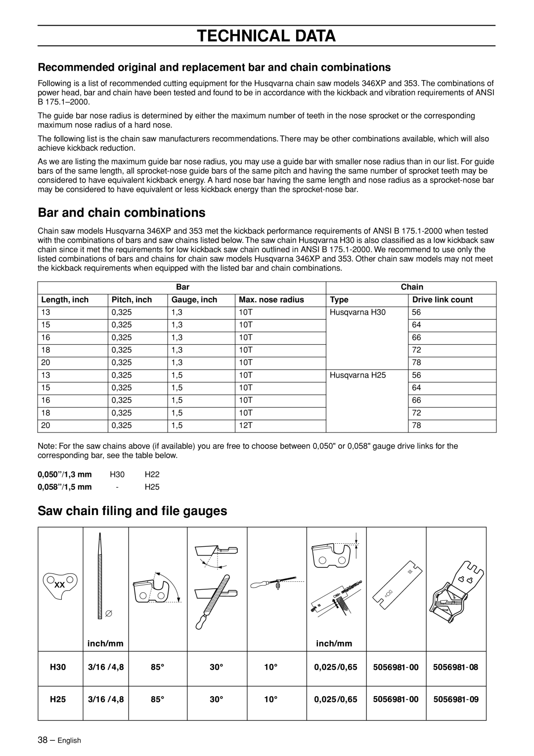 Husqvarna 346XP EPA II manual Bar and chain combinations, Saw chain ﬁling and ﬁle gauges, Technical Data 