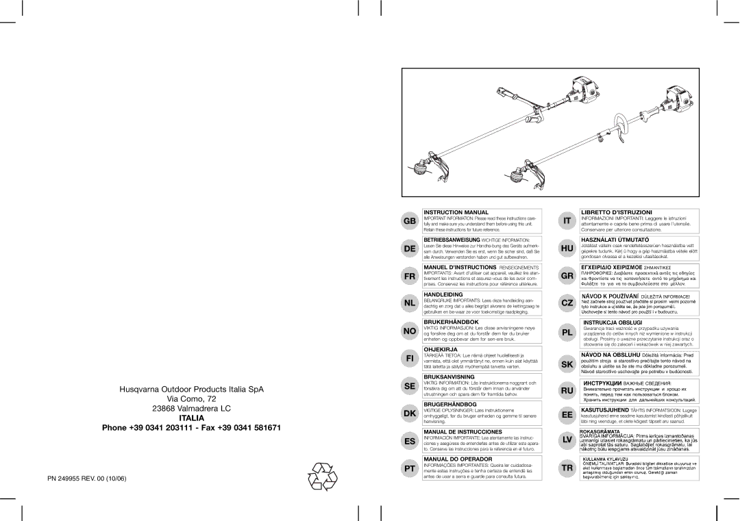 Husqvarna 953900748, 953900749, 953900746, 953900747, D347 L, 407 L, 953900797, 407 B instruction manual Italia 