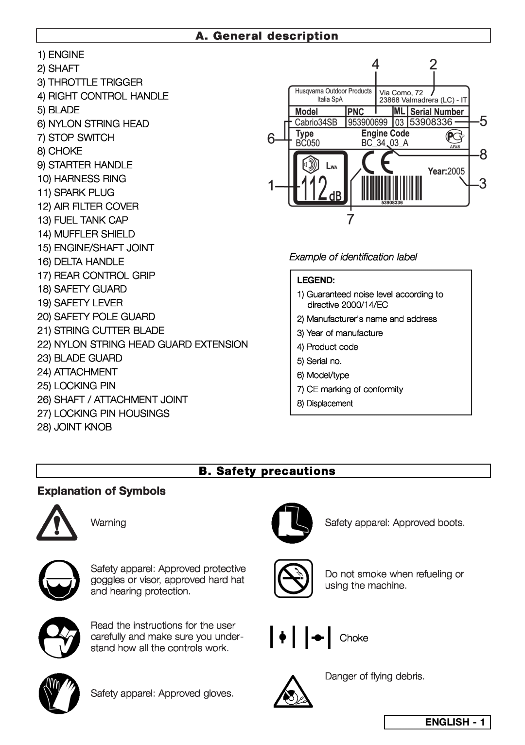 Husqvarna 953900747 A. General description, B. Safety precautions Explanation of Symbols, Example of identification label 
