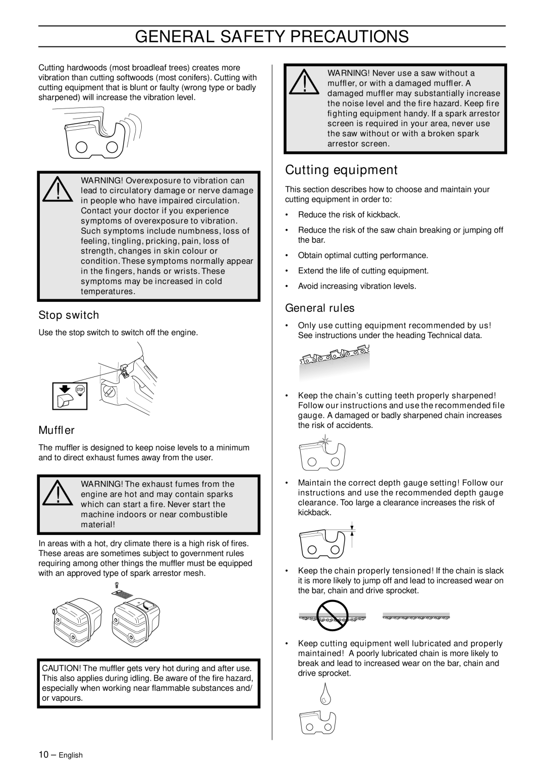 Husqvarna 350, 340e manual Cutting equipment, Stop switch, Mufﬂer, General rules 