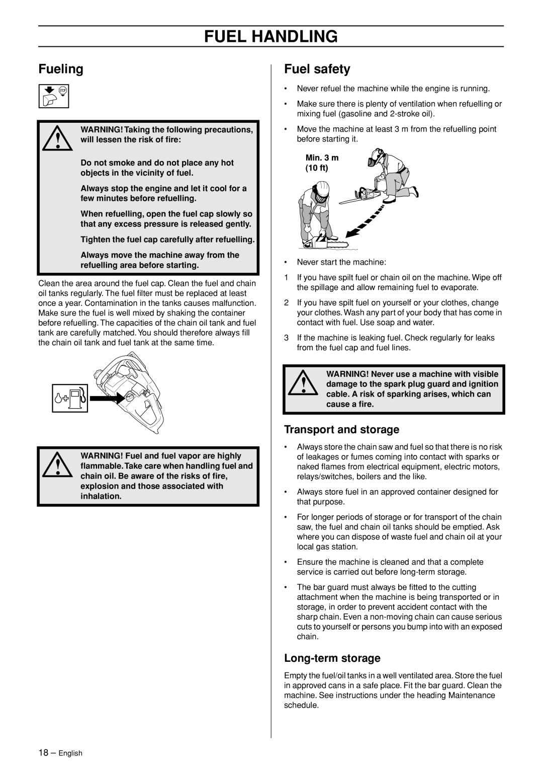 Husqvarna 350, 340e manual Fueling, Fuel safety, Transport and storage, Long-term storage 