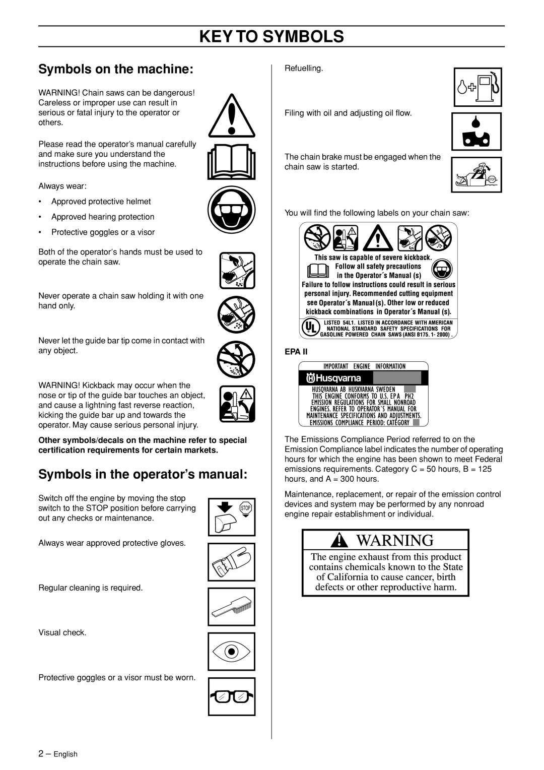 Husqvarna 350, 340e KEY to Symbols, Symbols on the machine, Symbols in the operator’s manual 