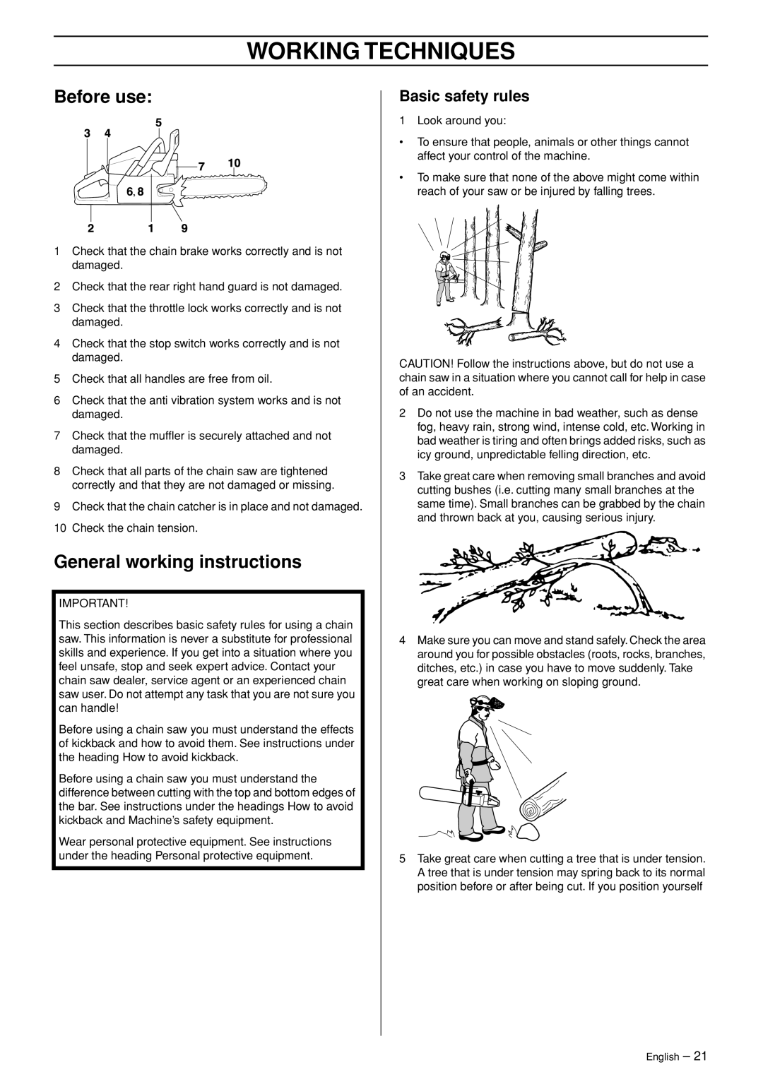 Husqvarna 340e, 350 manual Working Techniques, Before use, General working instructions, Basic safety rules 