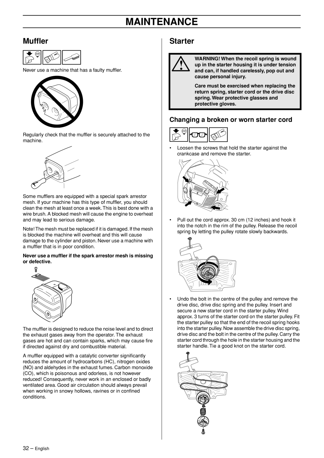 Husqvarna 350, 340e manual Mufﬂer, Starter, Changing a broken or worn starter cord 