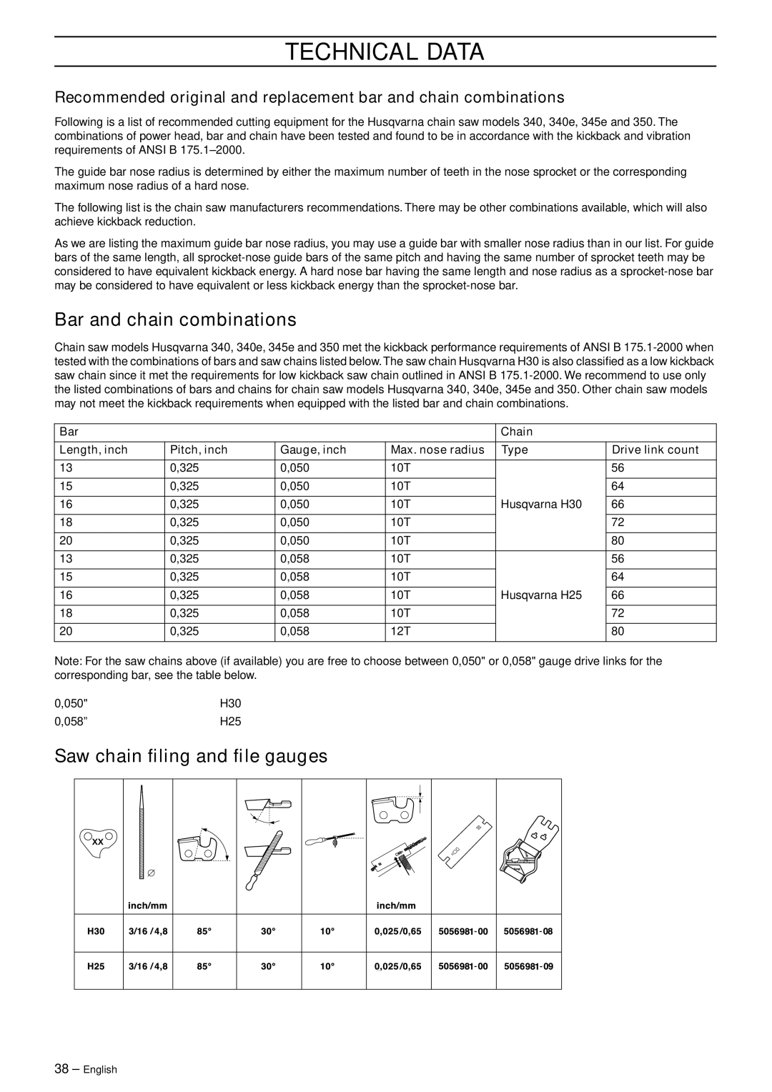 Husqvarna 350, 340e manual Bar and chain combinations, Saw chain ﬁling and ﬁle gauges 