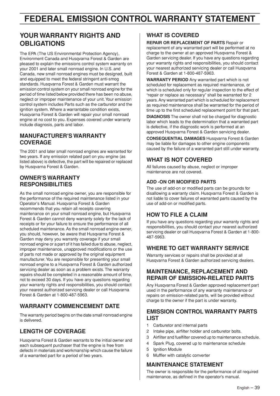 Husqvarna 340e, 350 manual Federal Emission Control Warranty Statement, Your Warranty Rights and Obligations 