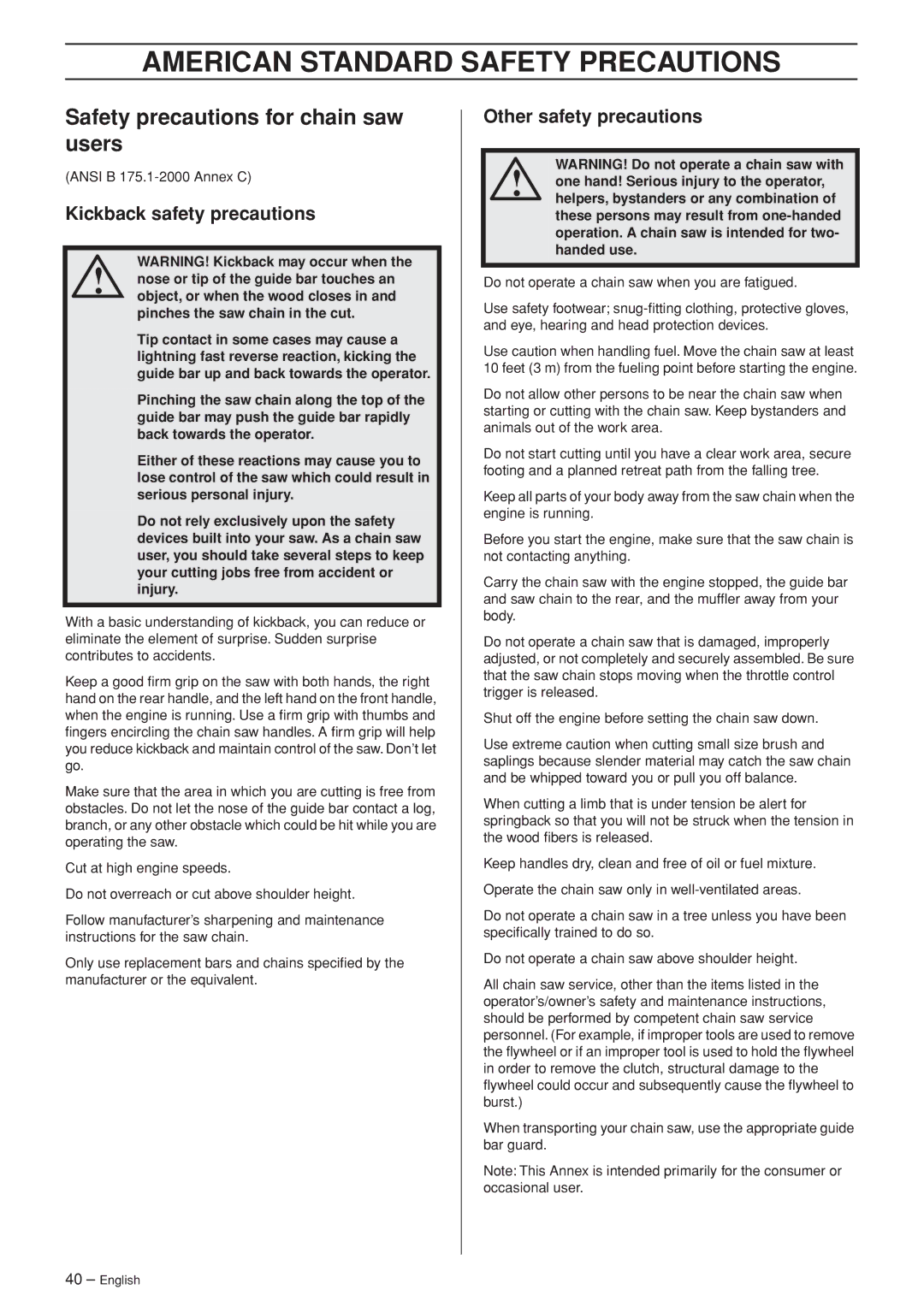 Husqvarna 350 American Standard Safety Precautions, Safety precautions for chain saw users, Kickback safety precautions 